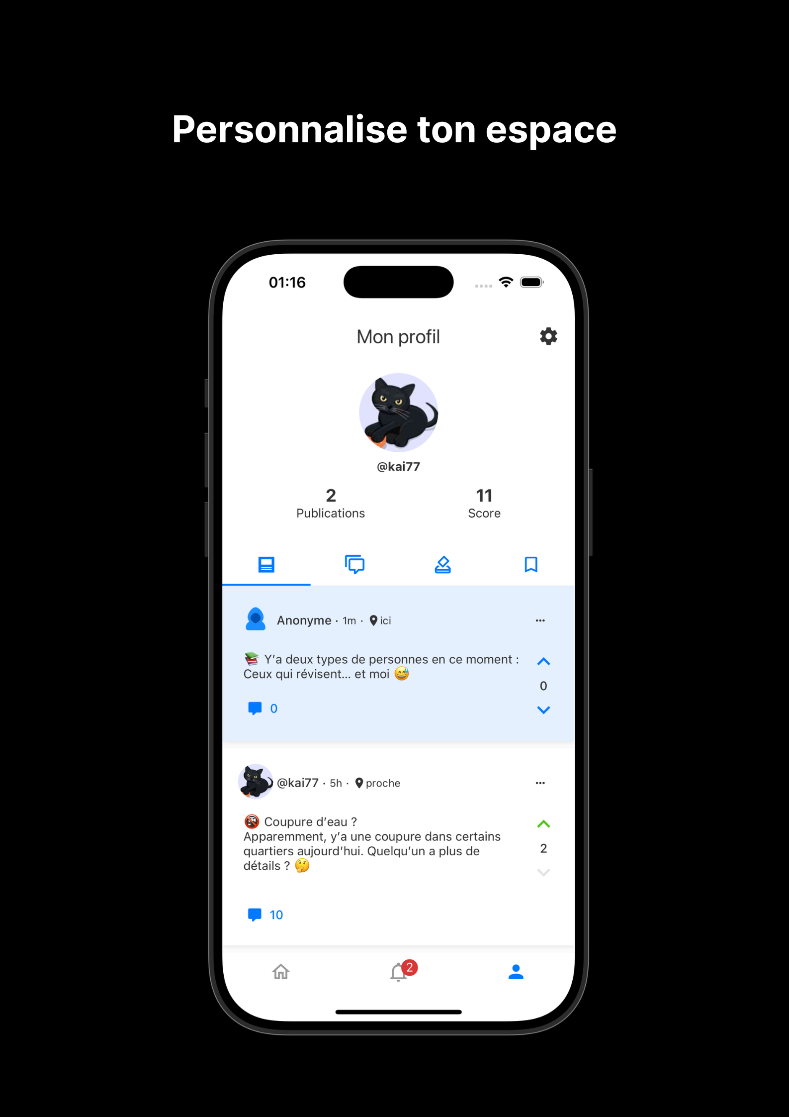 Capture d'écran Raven - Mon profil avec mes posts